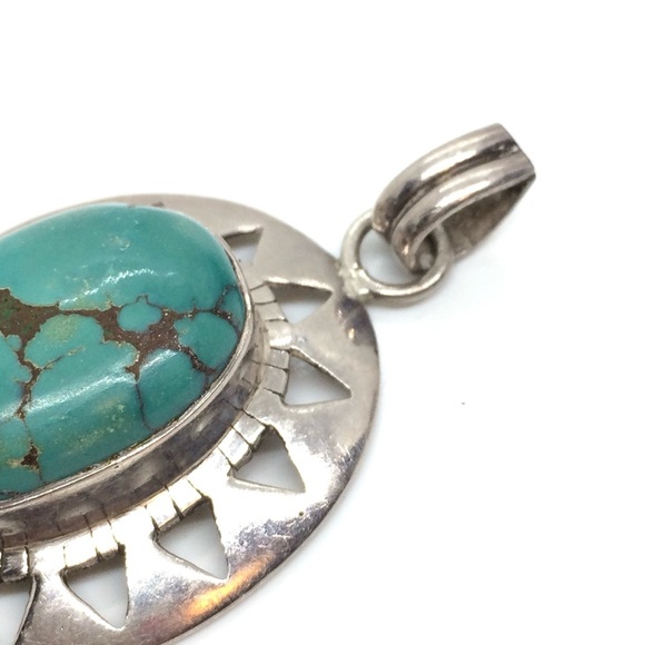 TURQUOISE STERLING SILVER PENDANT BOHO SOUTHWESTERN SUNBURST DESIGN 925 VINTAGE - Picture 12 of 14